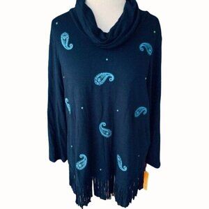 Ruby Rd Navy Blue Paisley Cowl Neck Tunic Fringe Hem Quarter Sleeves NEW Large